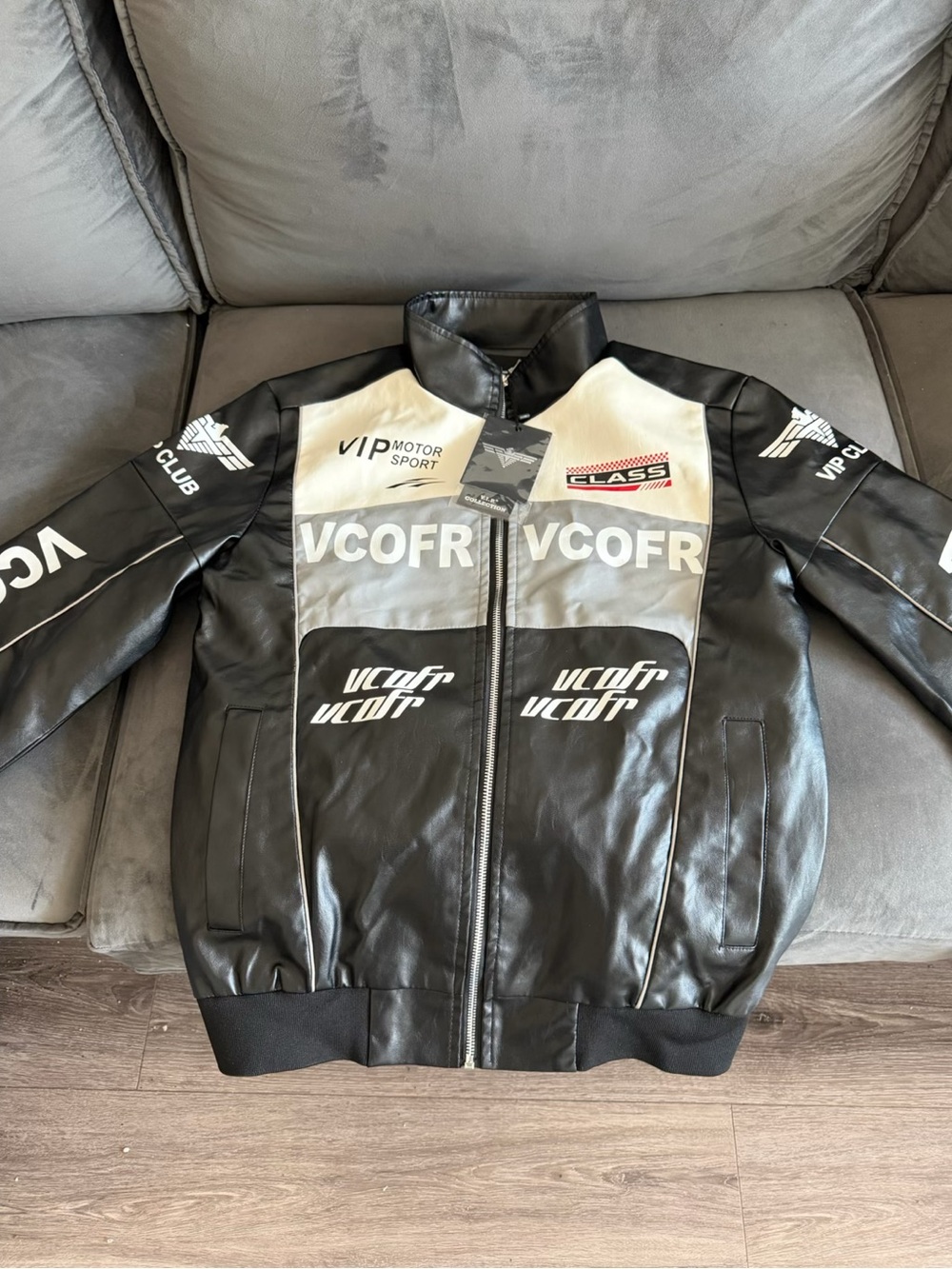 Mens Black and White Racing-Style Faux Leather Jacket